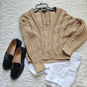 J Crew V-neck Cable Knit Sweater - small - Tan